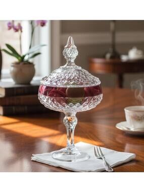 Vintage Indiana Glass Diamond Point Covered Candy Dish Clear w/Red Trim 12"